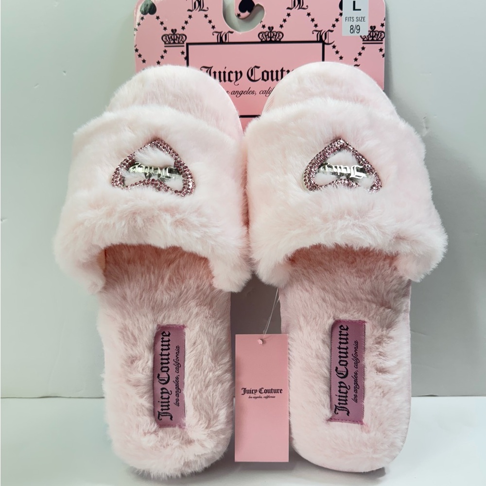Juicy Couture YK2 JC-Hearty Pink Studded Heart-Faux Fur Slippers - Picture 2 of 8